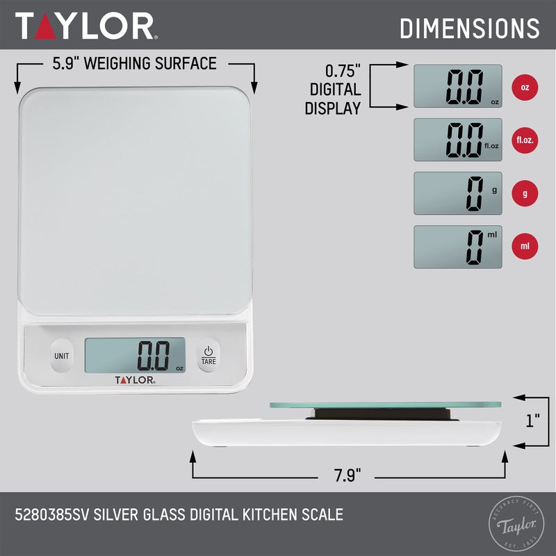 Taylor Glass Top Food Scale with Touch Controls, 11 lb Capacity, Sleek Silver Design, Accurate and Easy-to-Use Scale for Cooking and Baking - Image 2
